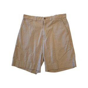 Pusser's West Indies Shorts Mens 32 Tan White Stripe Pleated Cotton 8.5" Inseam